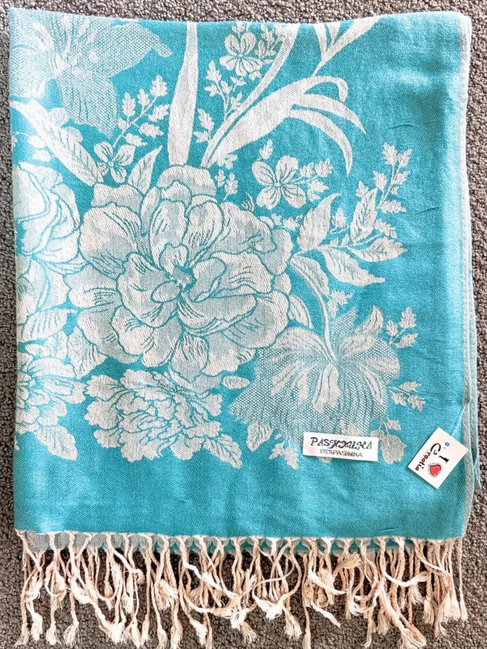 100% Pure Pashmina Wool Scarf Wrap Turquoise Blue Beige Floral Oversized Shawl